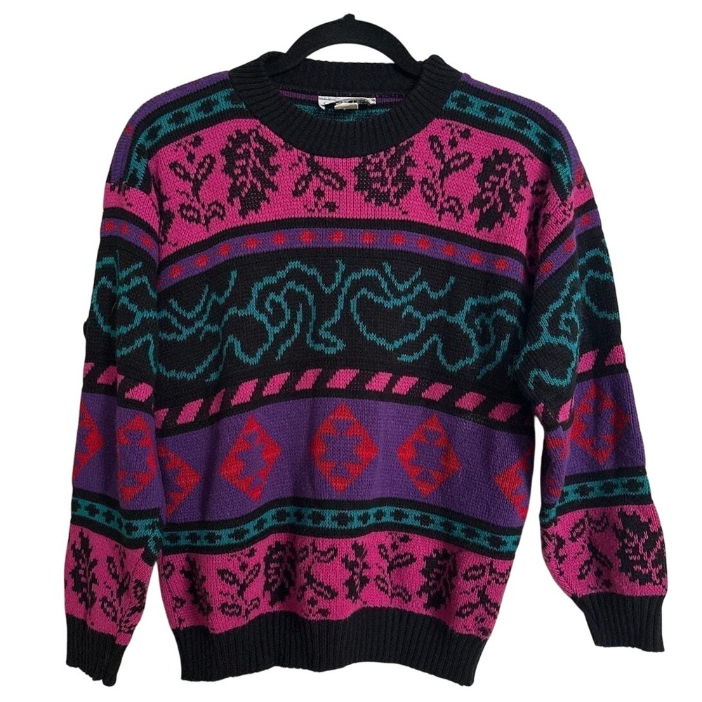 Cabin Creek Vintage 80s 90s Abstract Geometric Fair Isle Knit Sweater Small
